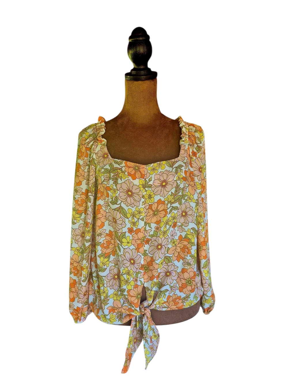 Floral Square-Neck Tie-Front Blouse - Orange Multi